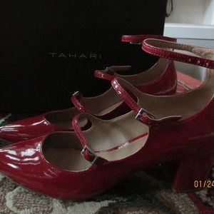 Tahari Flag Red Patent Rebecca Buckle Pumps